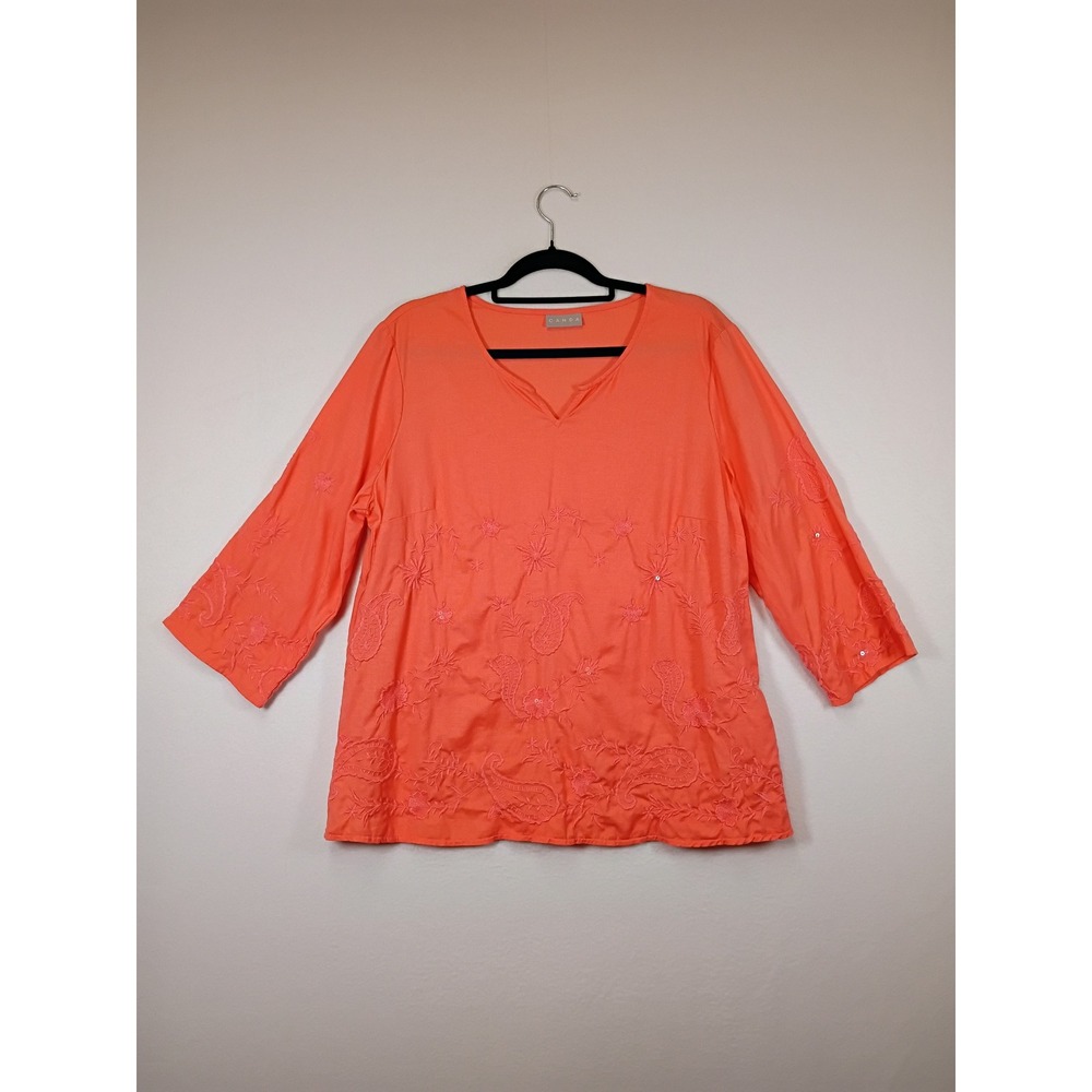Boho Canda Women Size EUR 42 Coral Orange Cotton Linen Embroidered V-Neck Blouse